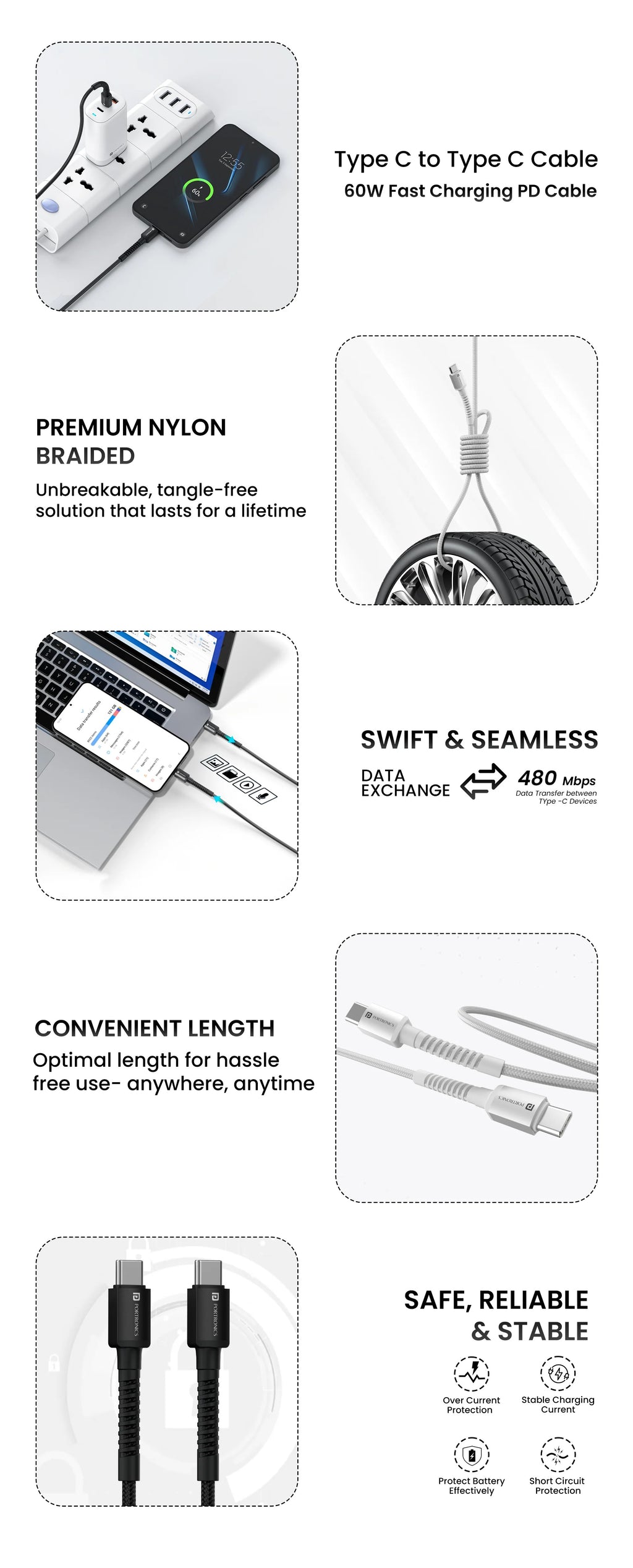Portronics Konnect X 60W Type C to Type C Nylon Braided Cable 1M