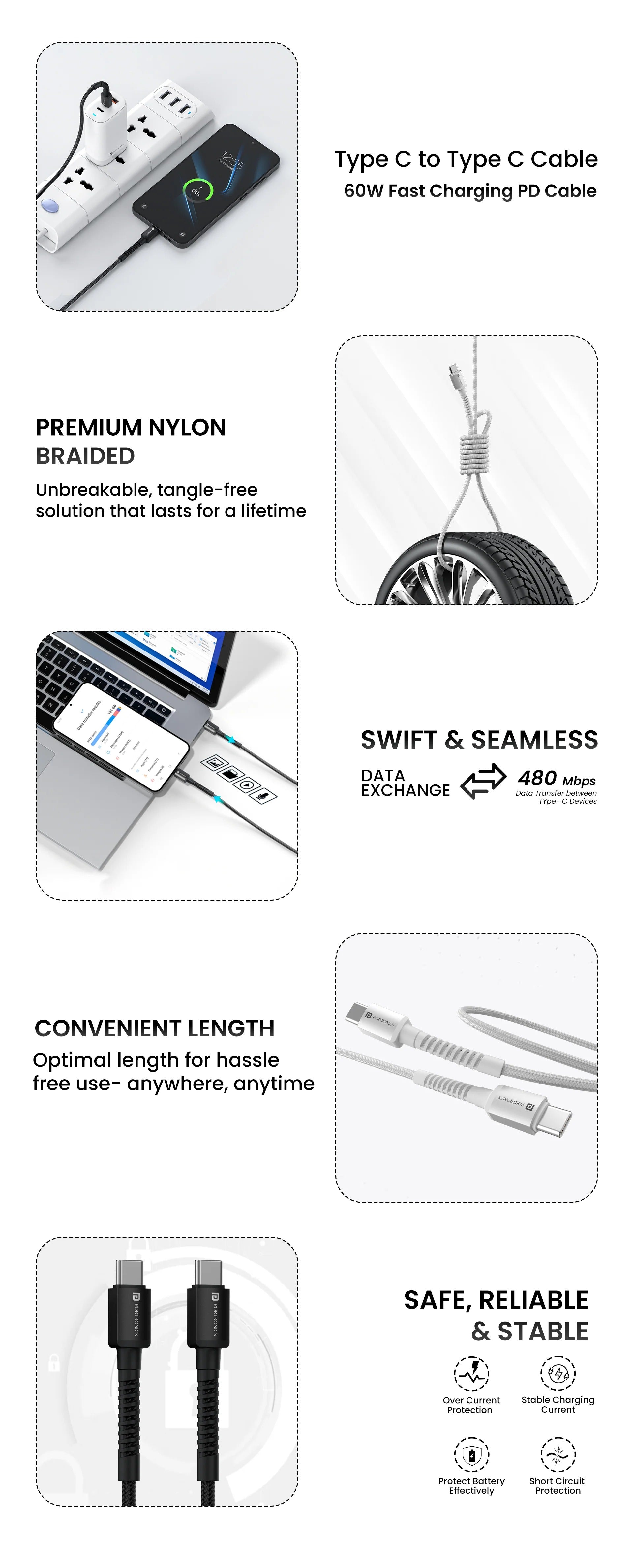 Portronics Konnect X 60W Type C to Type C Nylon Braided Cable 1M