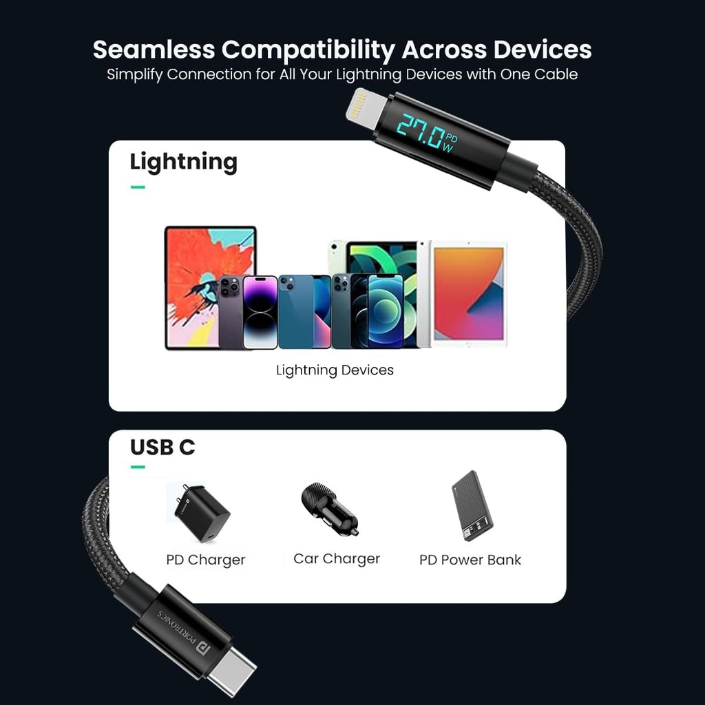 Portronics Konnect View 27W Fast Charging Cable | Type-C to 8Pin | LED Display | Nylon Braided | 1.2M | Black