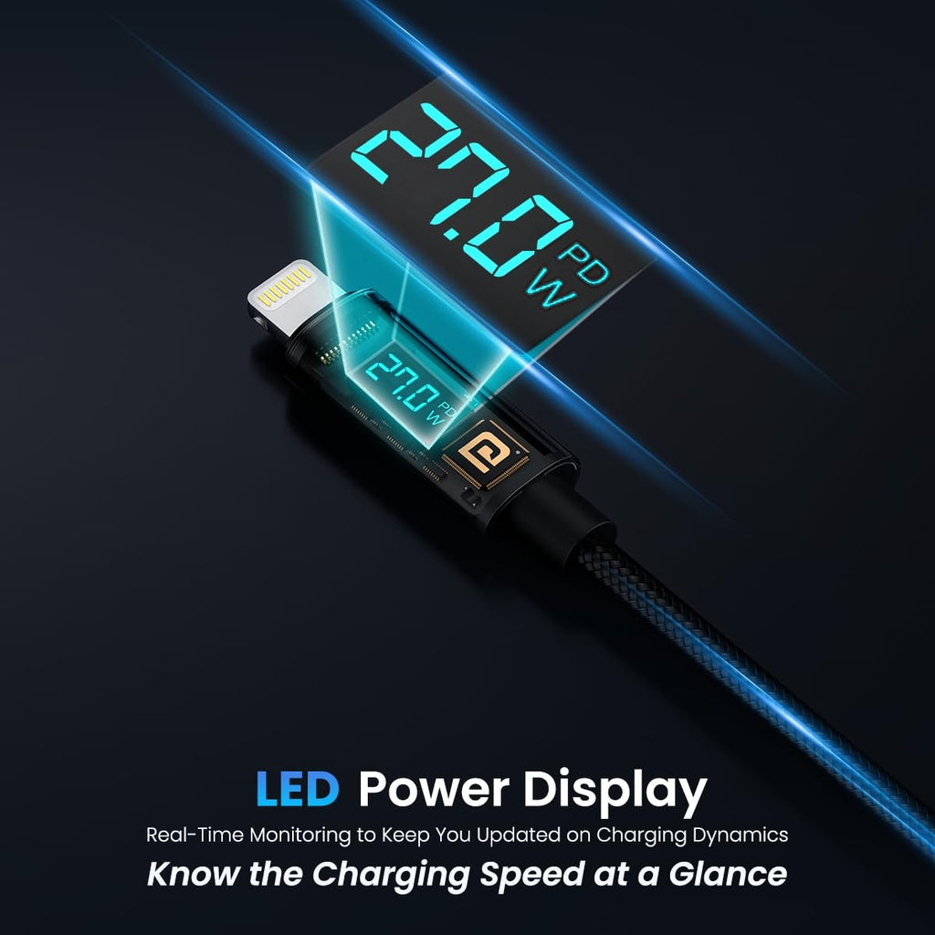Portronics Konnect View 27W Fast Charging Cable | Type-C to 8Pin | LED Display | Nylon Braided | 1.2M | Black