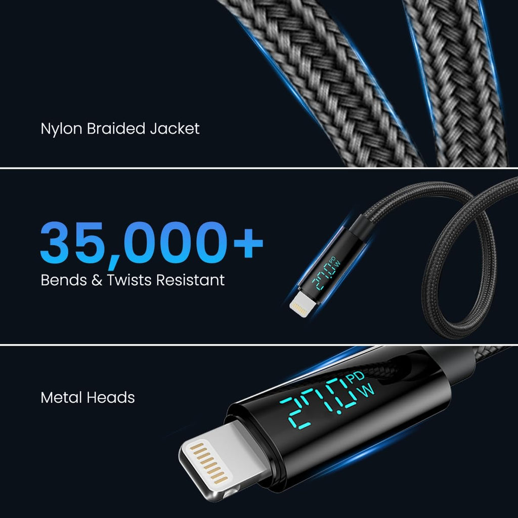 Portronics Konnect View 27W Fast Charging Cable | Type-C to 8Pin | LED Display | Nylon Braided | 1.2M | Black