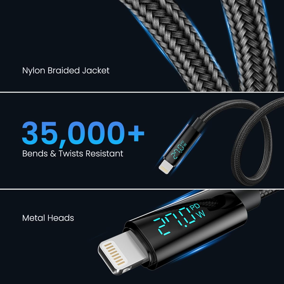 Portronics Konnect View 27W Fast Charging Cable | Type-C to 8Pin | LED Display | Nylon Braided | 1.2M | Black