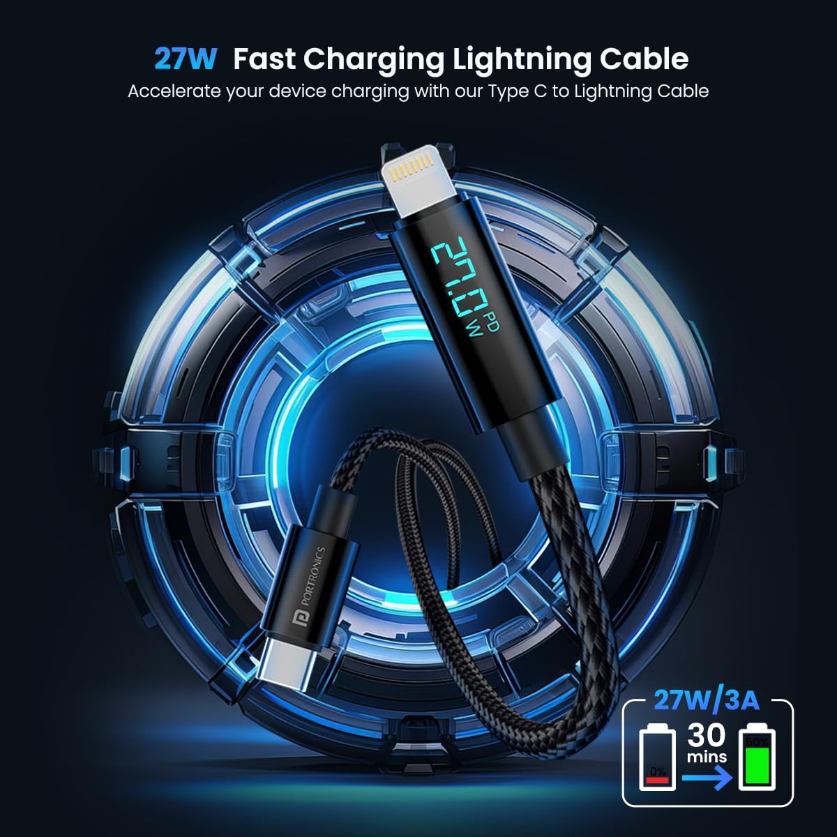 Portronics Konnect View 27W Fast Charging Cable | Type-C to 8Pin | LED Display | Nylon Braided | 1.2M | Black