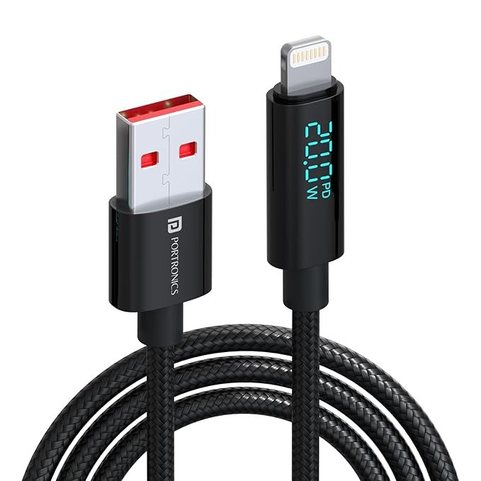 Portronics Konnect View 27W Fast Charging Cable | Type-C to 8Pin | LED Display | Nylon Braided | 1.2M | Black