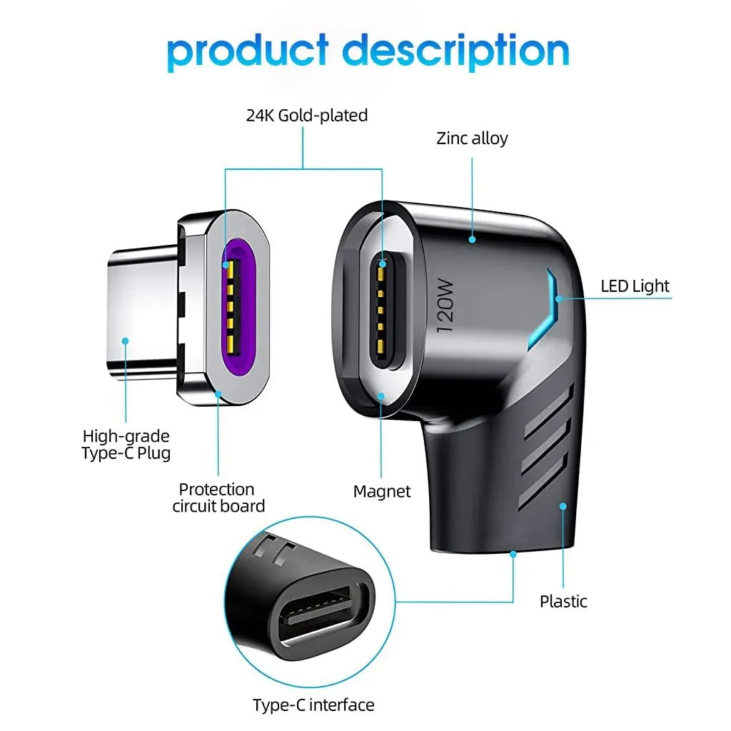 LAXANO 90-degree magnetic USB-C adapter with LED light, 120W fast charging and 480Mbps data transfer.