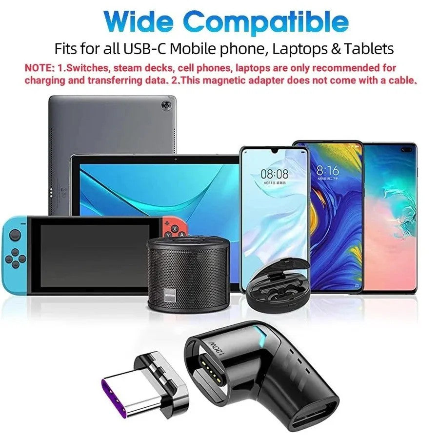 LAXANO 90-degree magnetic USB-C adapter for fast charging and data transfer. Supports 120W charging, 480Mbps data.