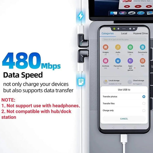 LAXANO 90-degree magnetic USB-C adapter for fast charging and 480Mbps data transfer, L-shaped design.