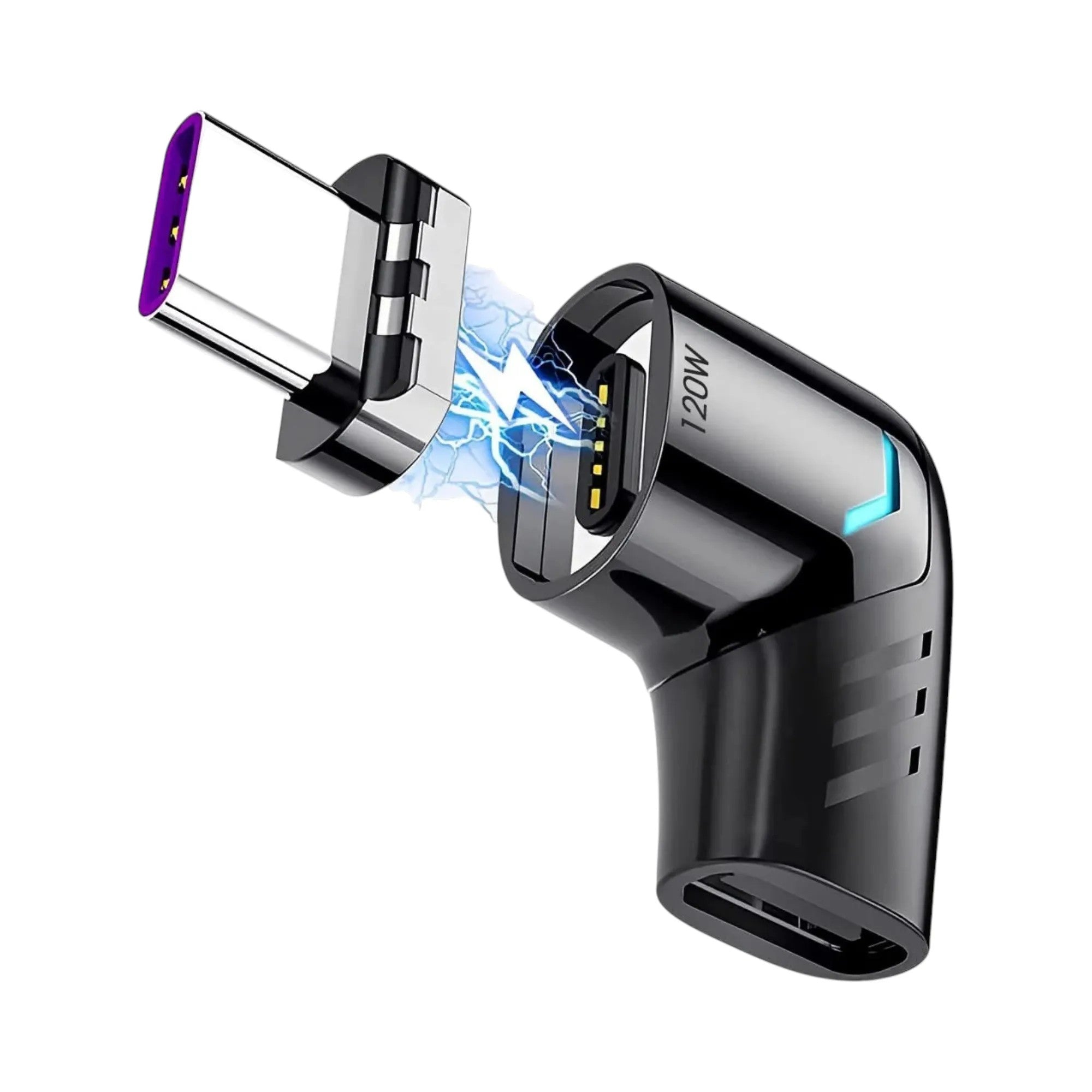 LAXANO 90-degree magnetic USB-C adapter with 120W fast charging and 480Mbps data transfer. Black.