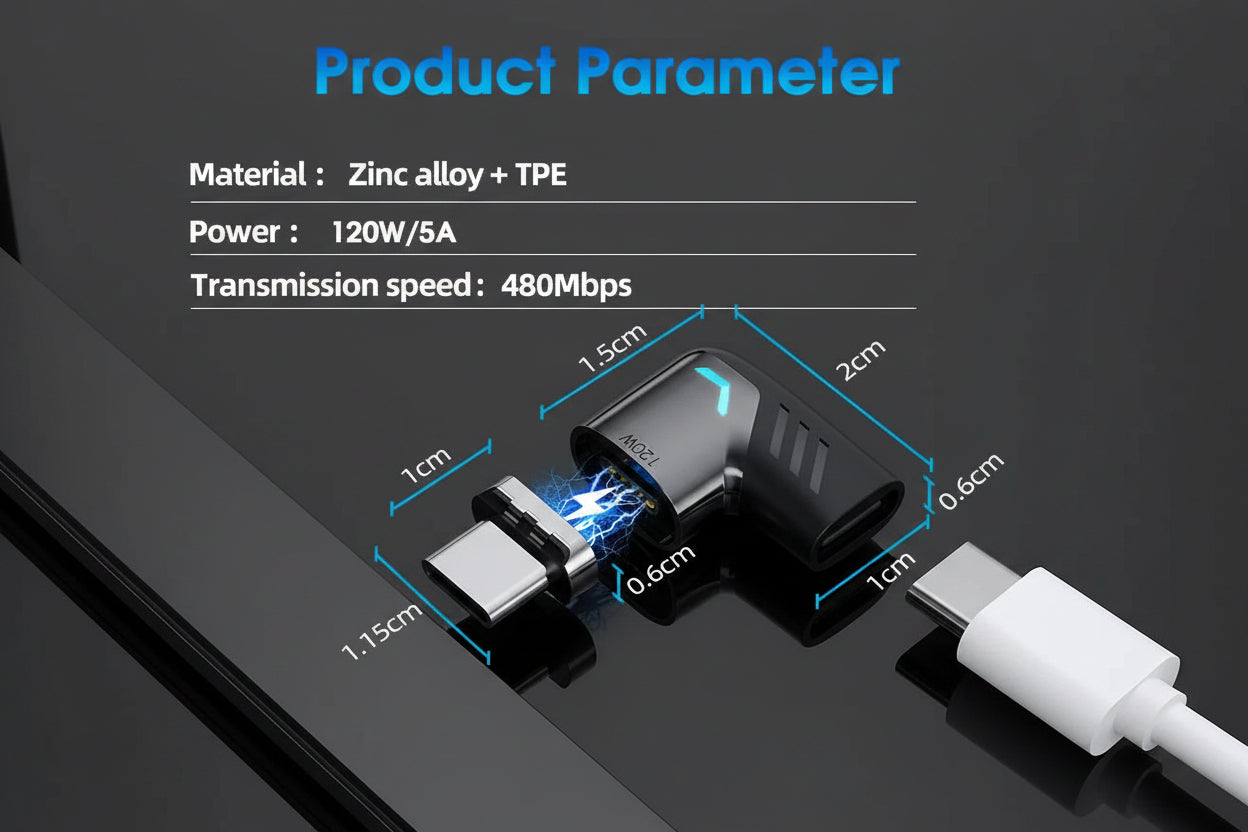 LAXAN 90-degree magnetic USB-C adapter with zinc alloy and TPE construction, supports 120W fast charging and 480Mbps data transfer.