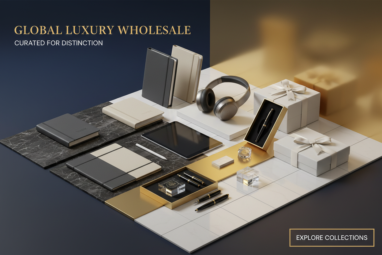 Premium wholesale banner with luxury branded products and tech gadgets